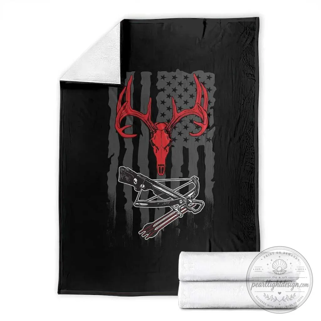 Deer Skull Compound Bow Hunting Archery American Flag Throw Blanket