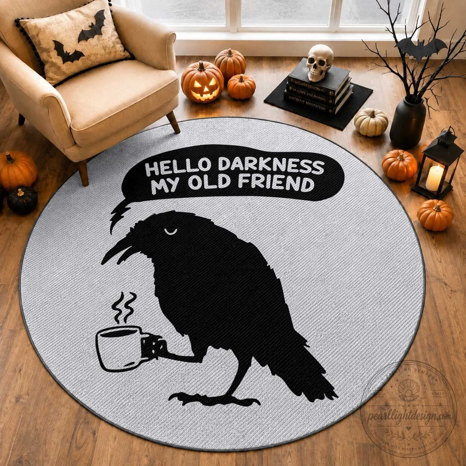 Hello Darkness My Old Friend Raven Drinking Coffee Round Rug