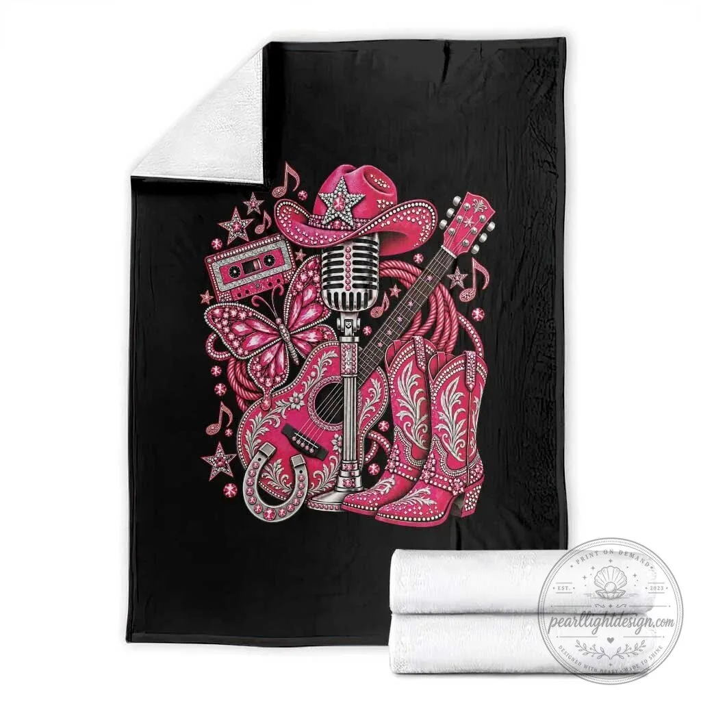 Pink Glam Cowgirl Boots Butterfly Rhinestone Country Music Tribute Throw Blanket