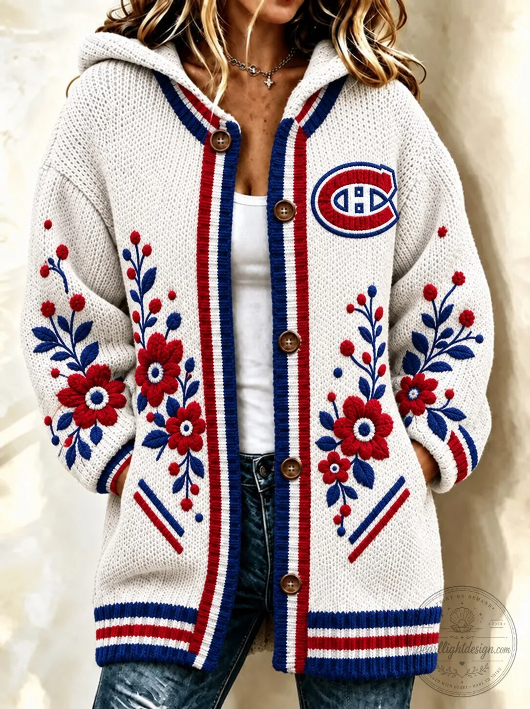 Montreal Canadiens Floral Embroidered Hooded Cardigan Sweater