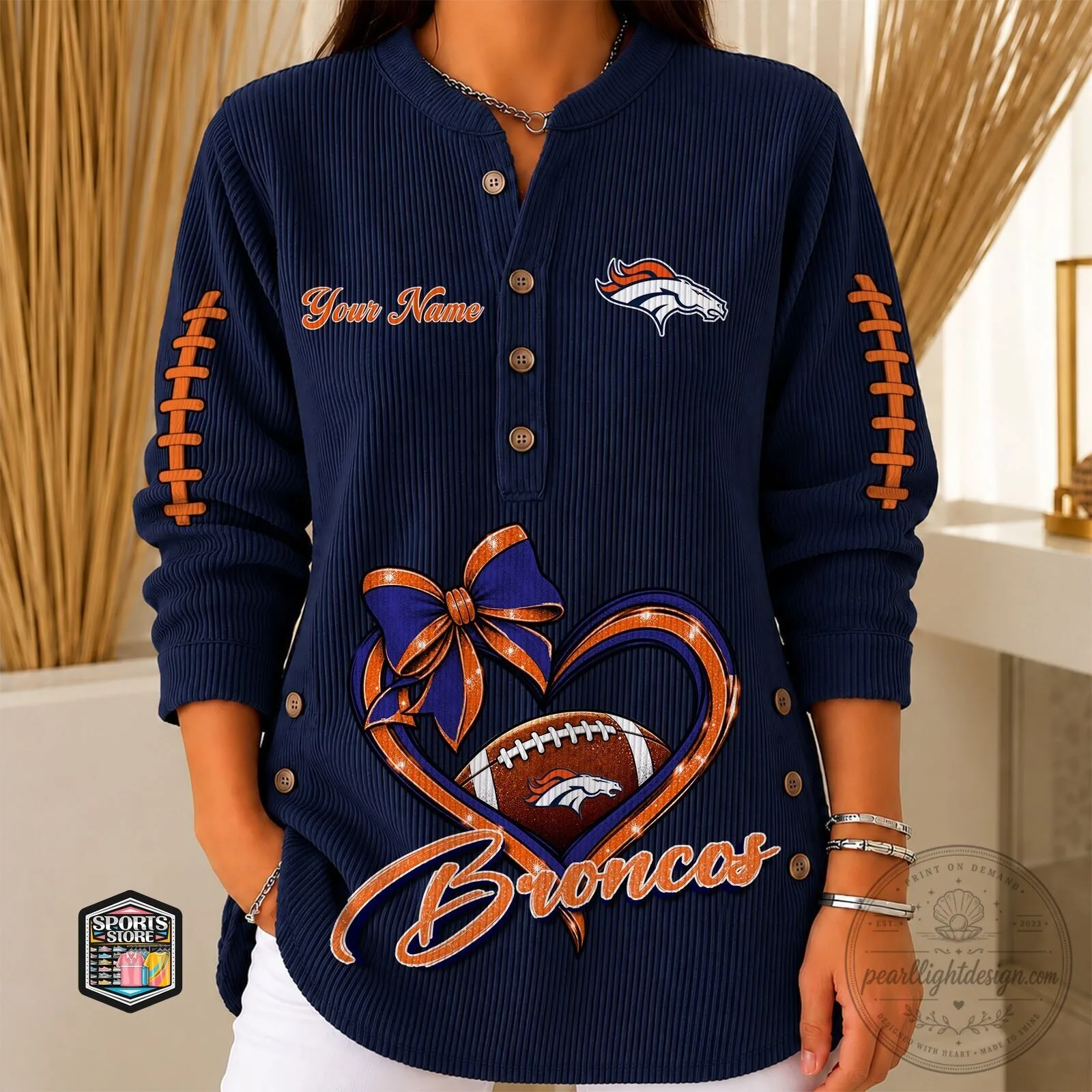 Denver Broncos Personalized Football Heart Bow Long Sleeve T-Shirt 2 Denver Broncos Personalized Football Heart Bow Long Sleeve T-Shirt