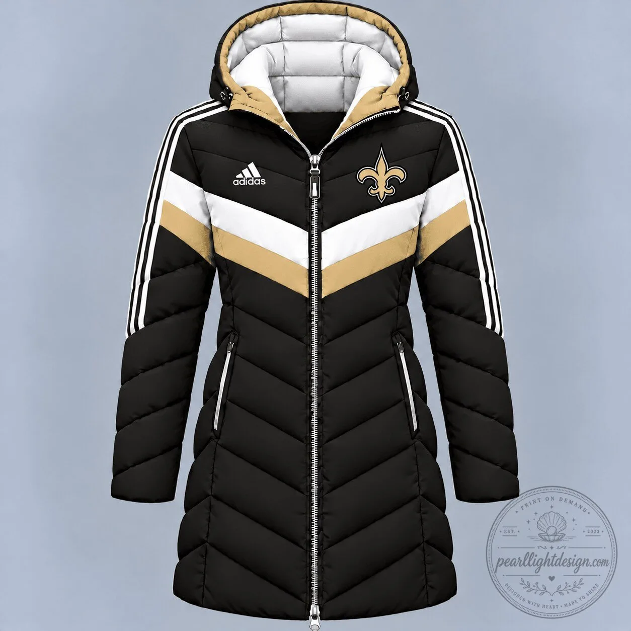 New Orleans Saints Adidas Black Gold White Chevron Puffer Jacket