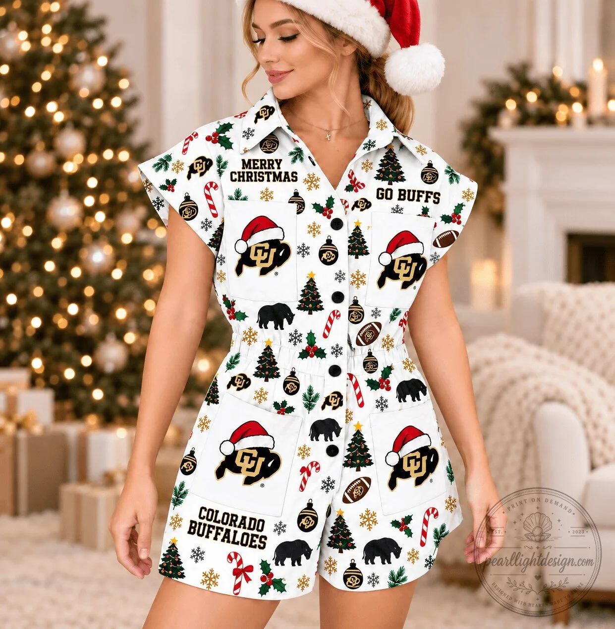 Colorado Buffaloes Christmas Holiday Women's Button-Up Romper