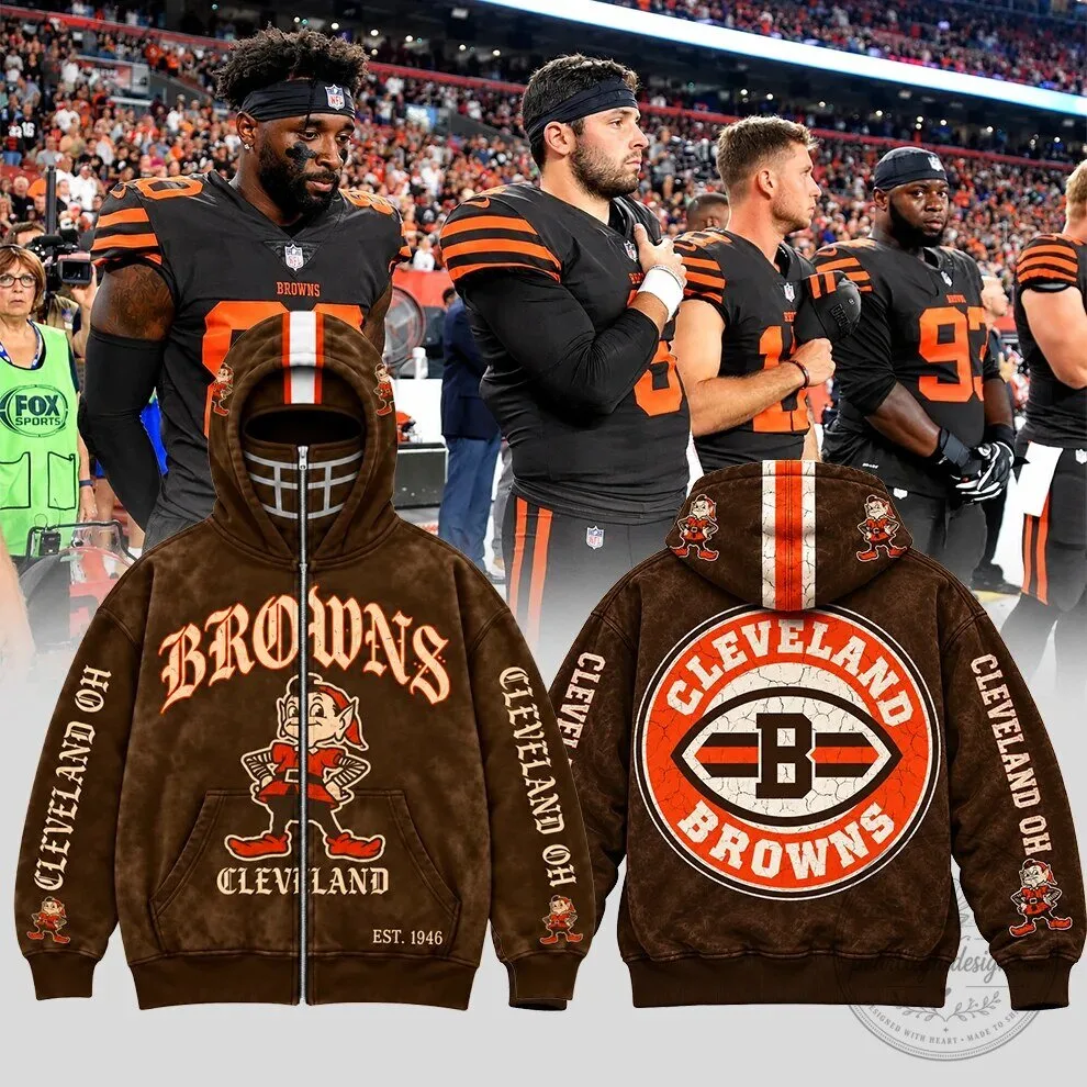 Cleveland Browns Football Helmet Full-Zip Hoodie with Elf Mascot Design