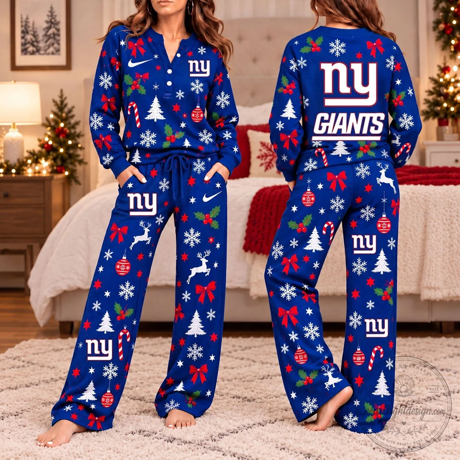 New York Giants NFL Christmas Game Day Long Sleeve Pullover Top and Wide-Leg Pants Set