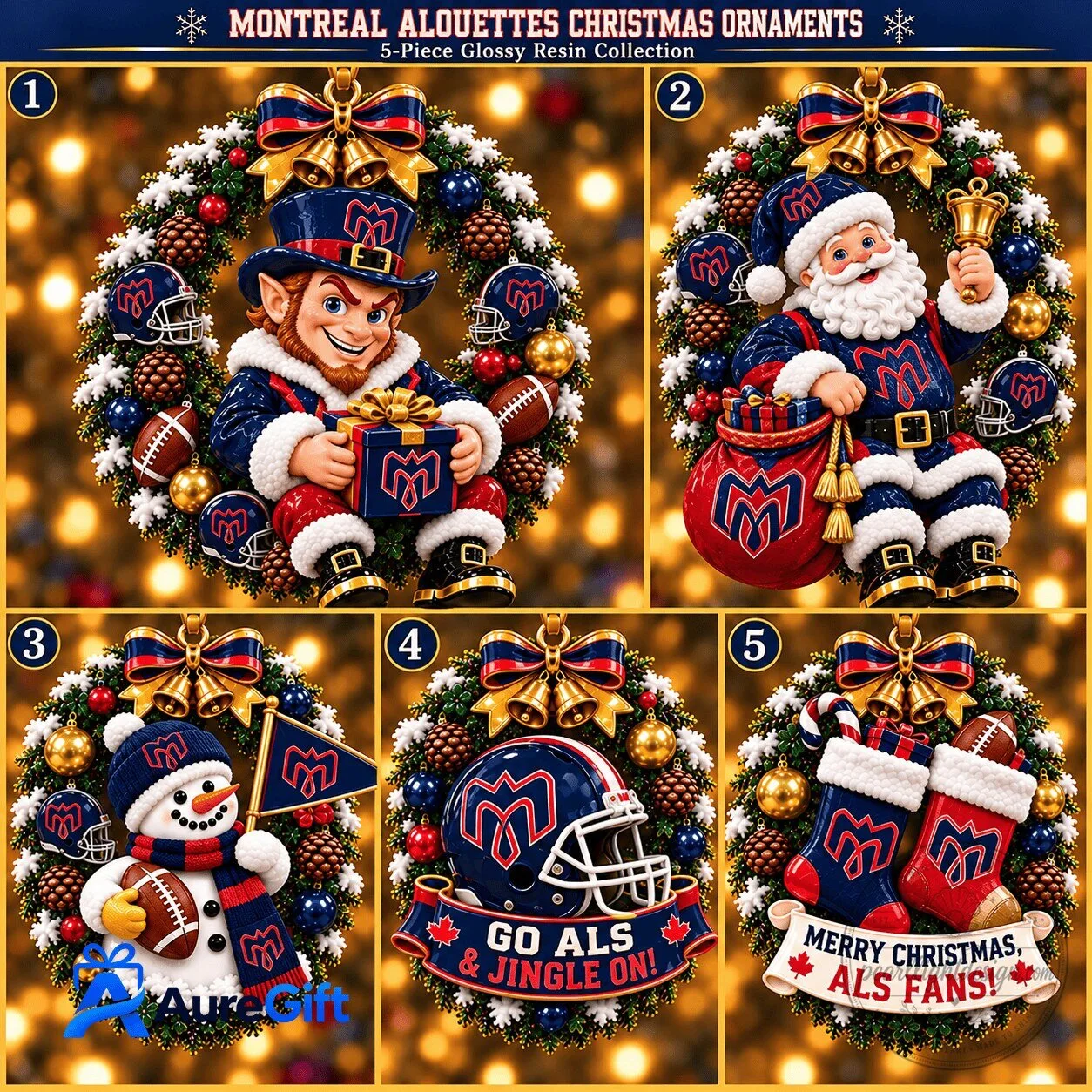 Montreal Alouettes Football Team Christmas Holiday Tree Ornaments Set