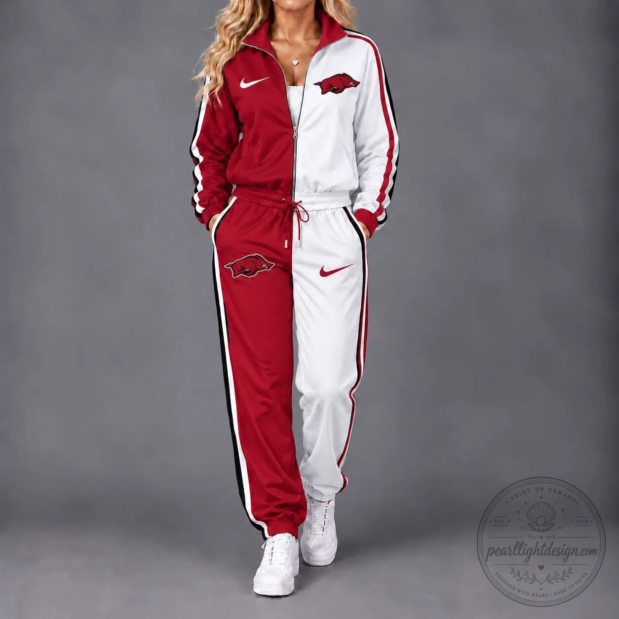 Arkansas Razorbacks Red and White Split Design Track Jacket and Pants Set