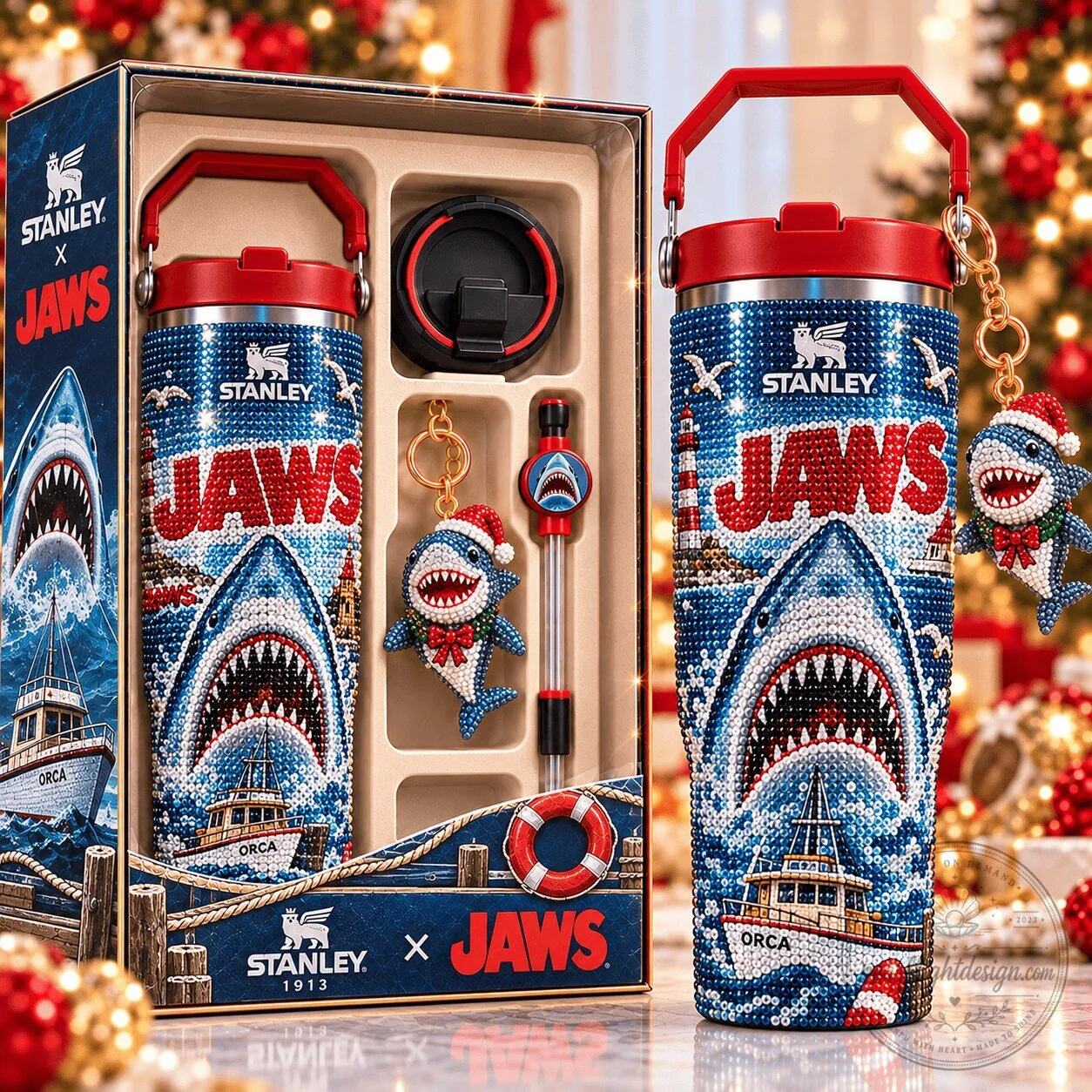 Jaws Movie Stanley Tumbler with Rhinestones and Shark Keychain Gift Set