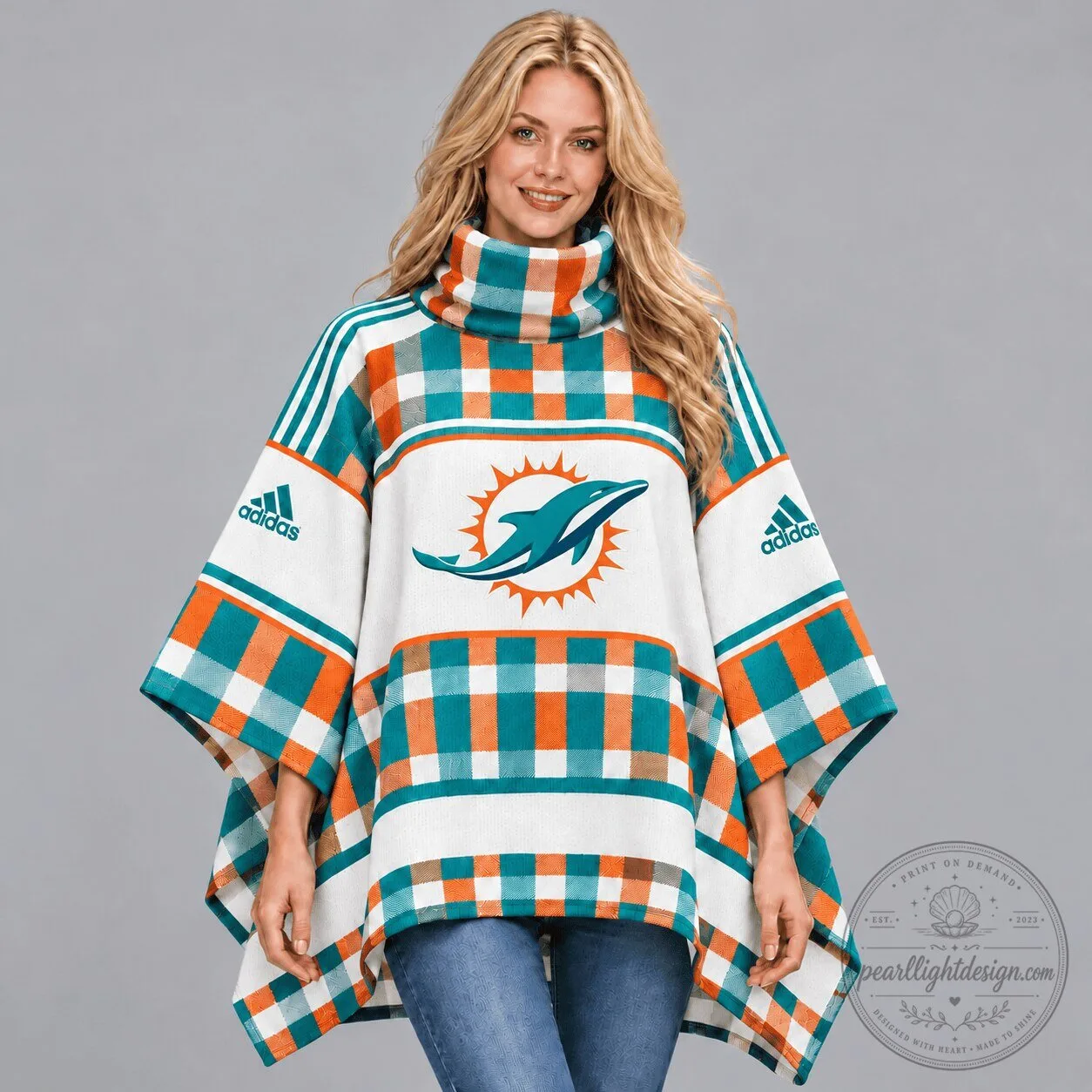 Miami Dolphins Adidas Checkered Plaid High Collar Bat Sleeve Poncho for Women