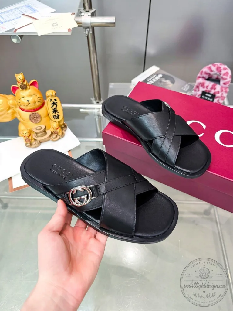 Gucci Interlocking G Buckle Black Leather Cross Strap Sandals for Men
